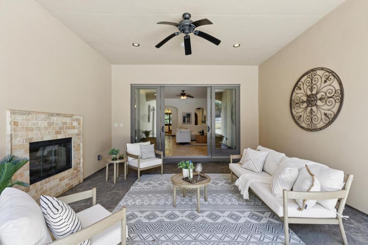 Fireplace, Interior, Living room, Recessed Lighting, Stone Walls