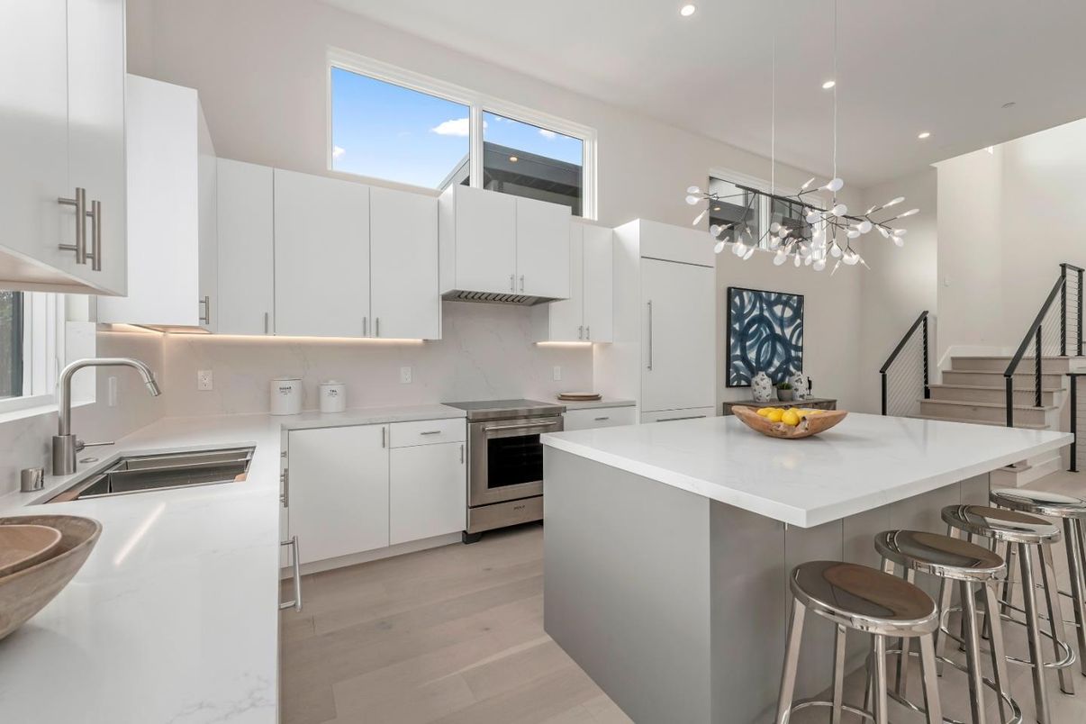 Interior, Kitchen, Pendant Lights, Recessed Lighting, Stainless Steel Appliances, Wood Texture Flooring