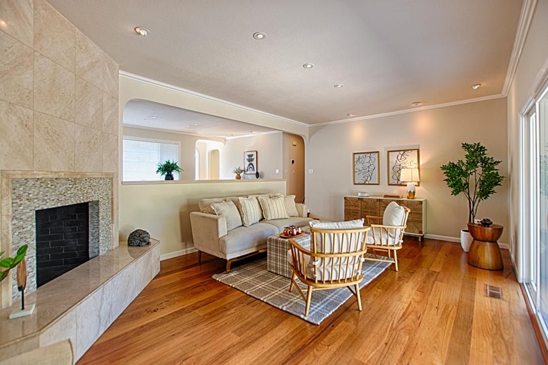 Fireplace, Interior, Living room, Recessed Lighting, Wood Texture Flooring