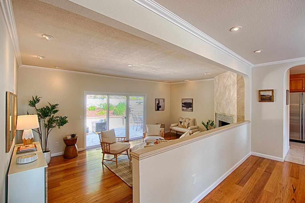 Fireplace, Interior, Living room, Recessed Lighting, Stainless Steel Appliances, Wood Texture Flooring