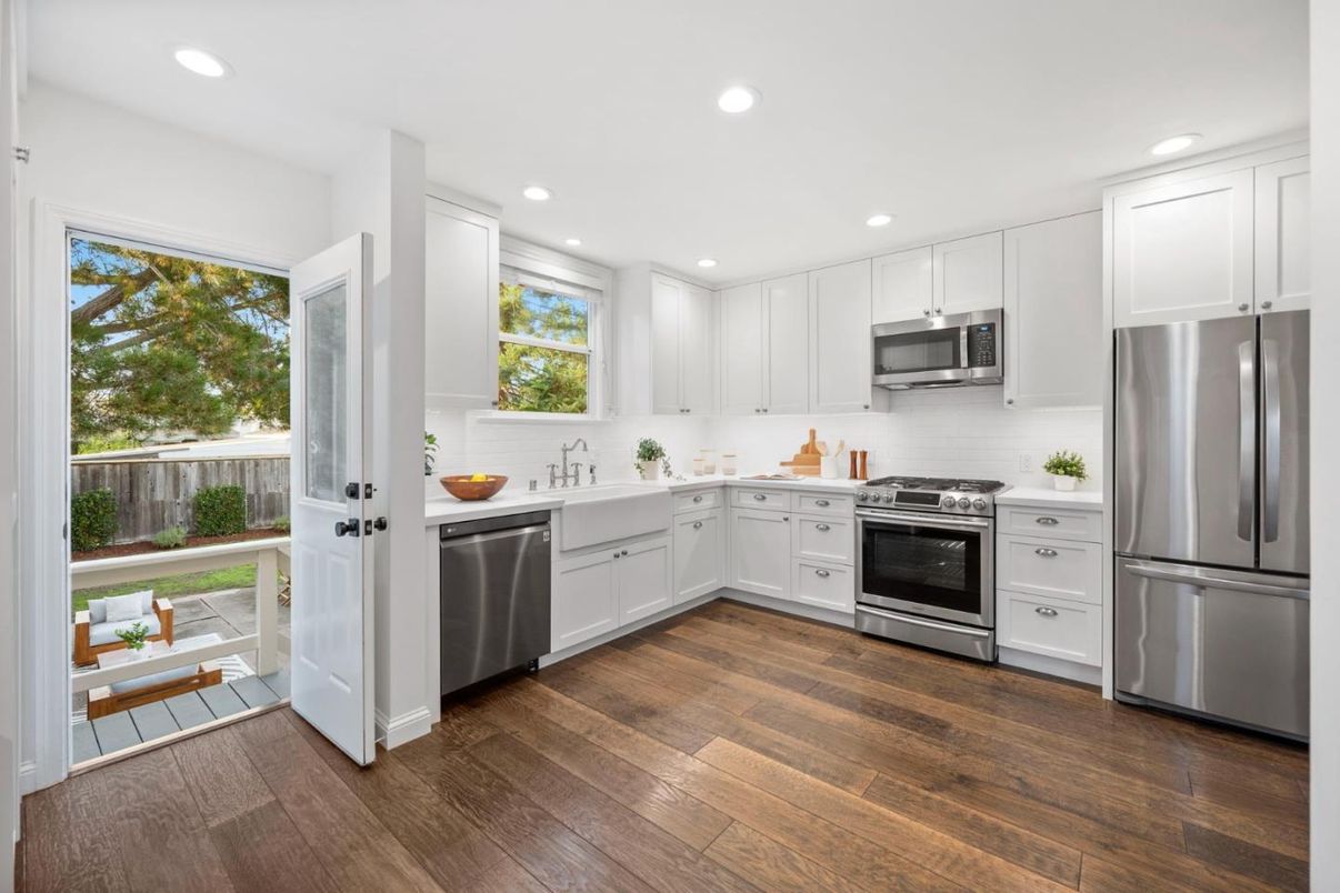 Interior, Kitchen, Recessed Lighting, Stainless Steel Appliances, Wood Texture Flooring
