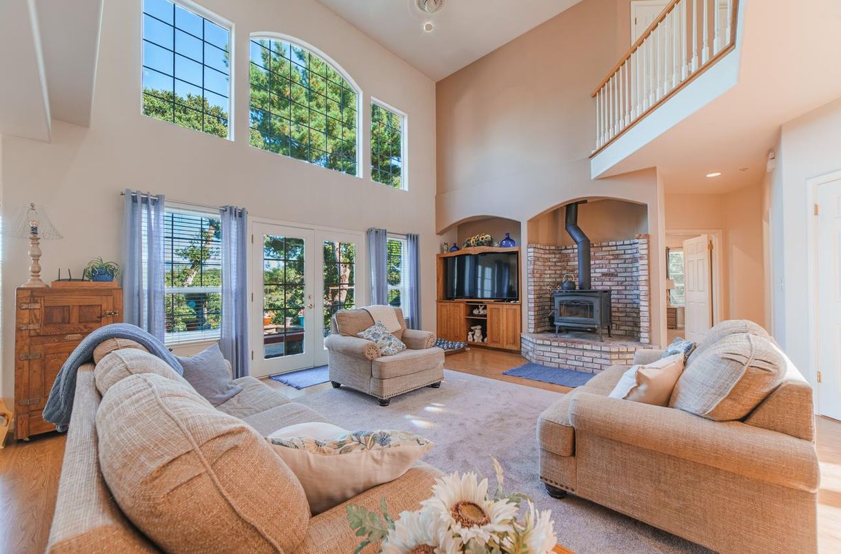 Fireplace, Interior, Living room, Recessed Lighting, Stone Walls, Wood Texture Flooring