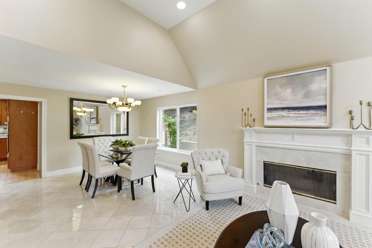 Chandelier, Dining room, Fireplace, Interior, Recessed Lighting