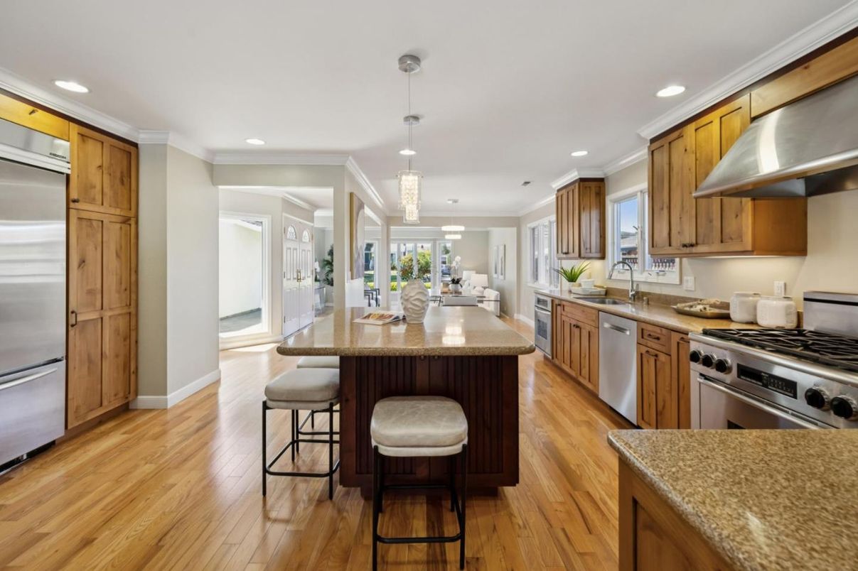 Interior, Kitchen, Pendant Lights, Recessed Lighting, Stainless Steel Appliances, Wood Texture Flooring