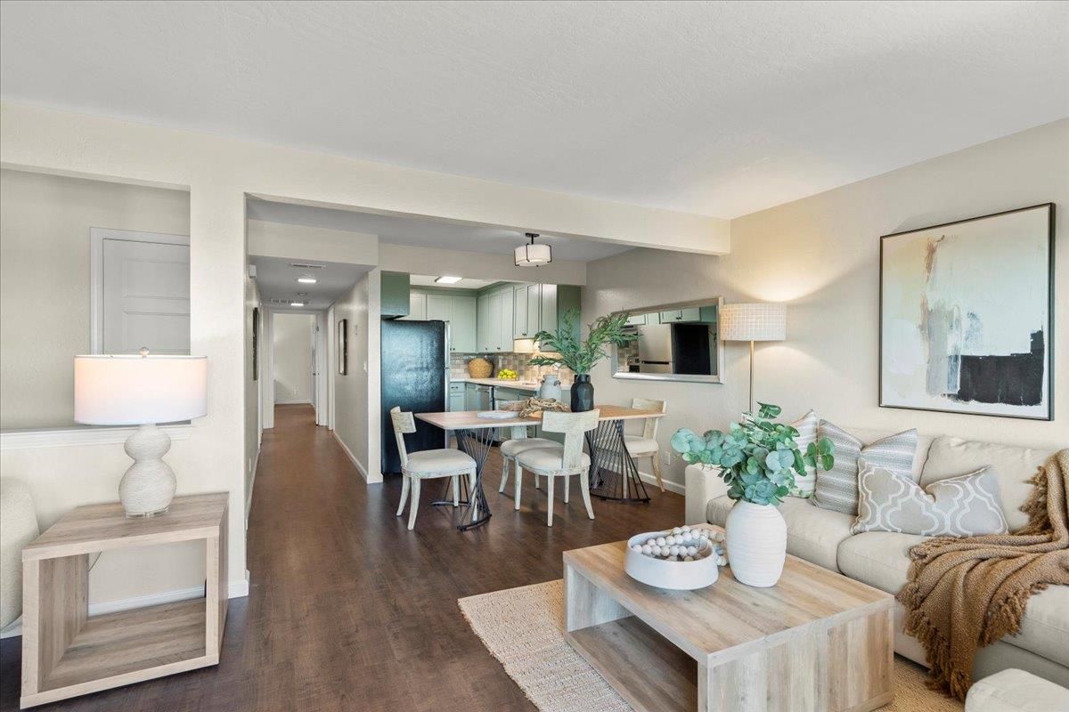 Dining room, Interior, Kitchen, Living room, Recessed Lighting, Wood Texture Flooring