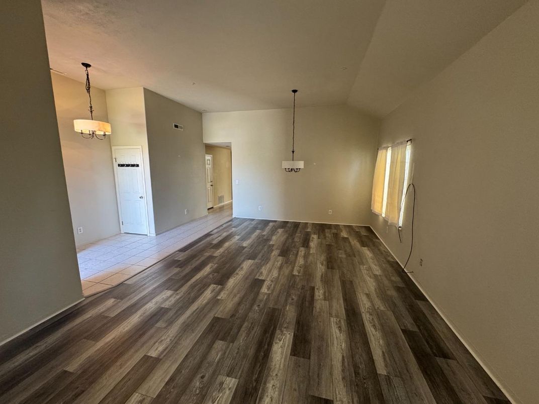Chandelier, Empty room, Interior, Pendant Lights, Wood Texture Flooring