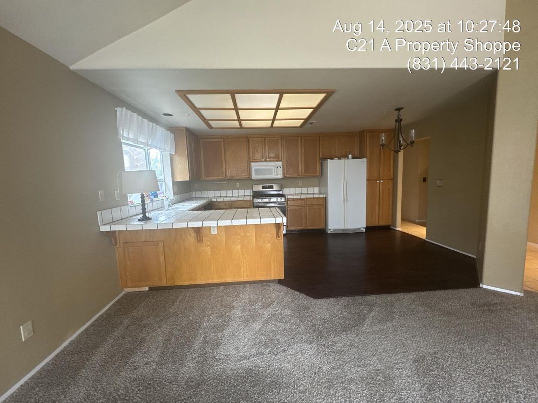 Interior, Kitchen, Tile Countertops, Wood Texture Flooring