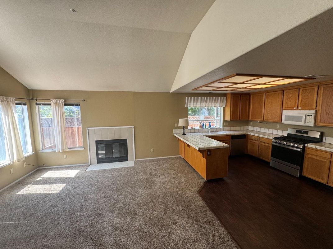 Empty room, Fireplace, Interior, Kitchen, Wood Texture Flooring