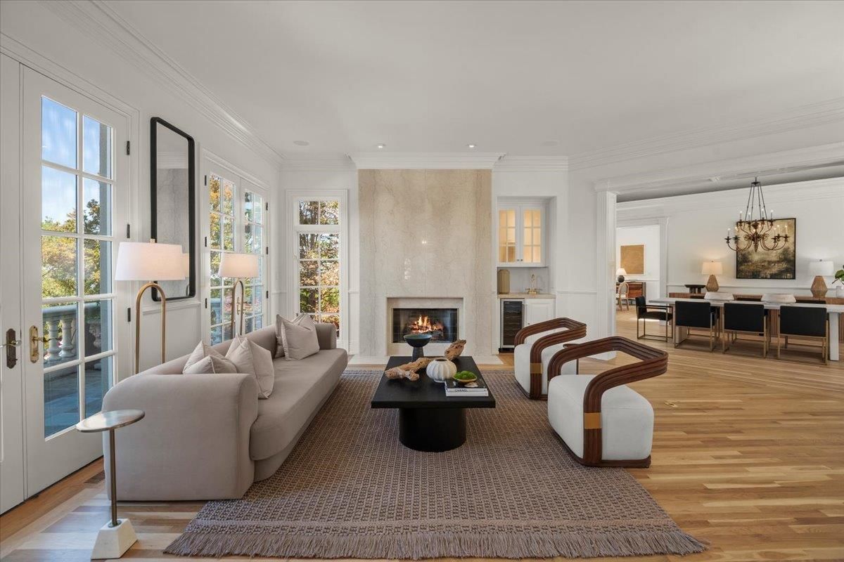 Dining room, Fireplace, Interior, Living room, Pendant Lights, Recessed Lighting, Wood Texture Flooring