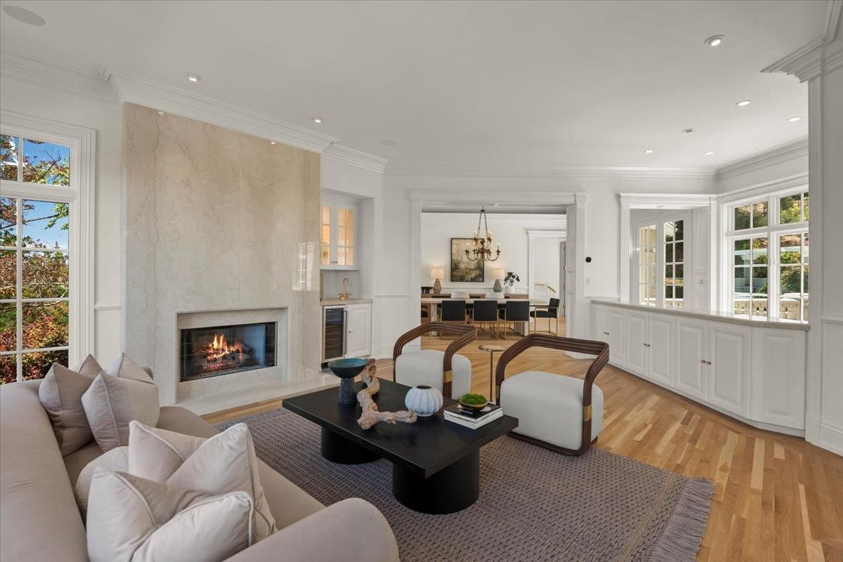 Dining room, Fireplace, Interior, Living room, Recessed Lighting, Wood Texture Flooring