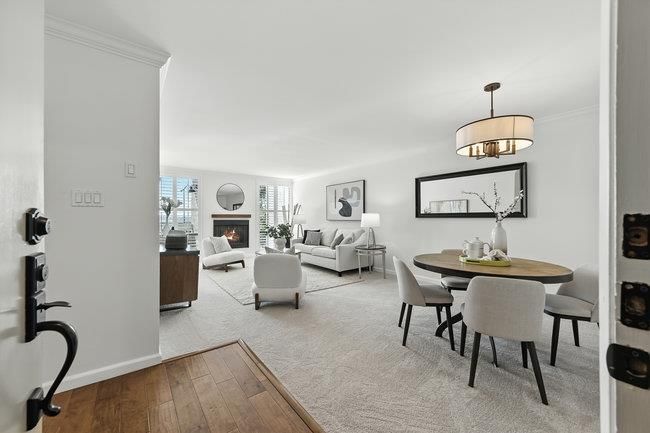 Chandelier, Dining room, Fireplace, Interior, Living room, Wood Texture Flooring