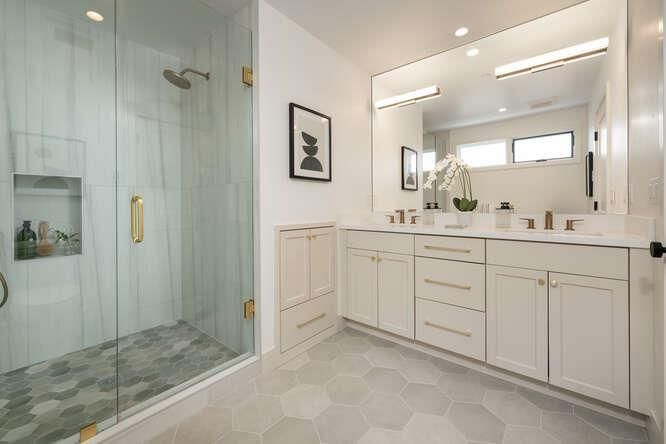 Bathroom, Dual Sink Vanities, Glass Shower, Interior, Recessed Lighting