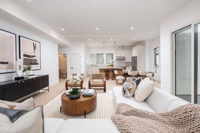 Dining room, Interior, Kitchen, Living room, Pendant Lights, Recessed Lighting, Stainless Steel Appliances, Wood Texture Flooring
