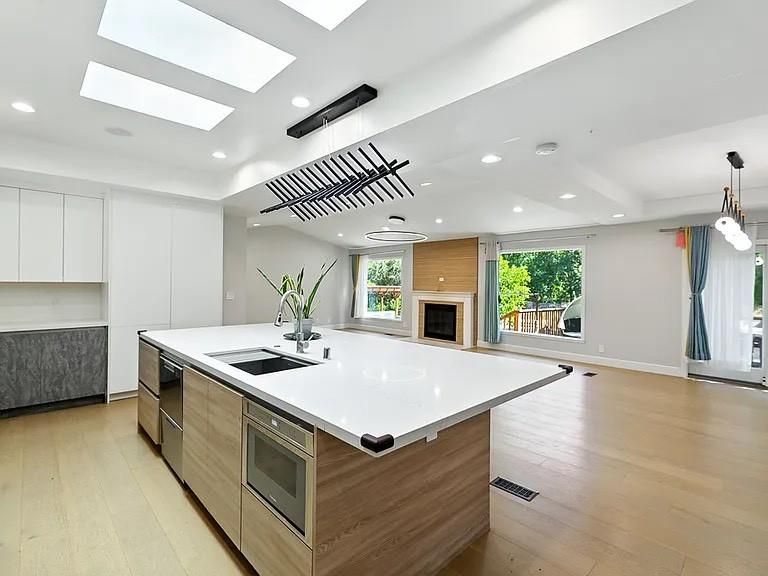Fireplace, Interior, Kitchen, Pendant Lights, Recessed Lighting, Stainless Steel Appliances, Wood Texture Flooring