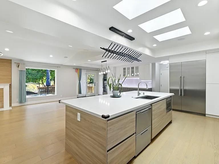 Chandelier, Interior, Kitchen, Recessed Lighting, Stainless Steel Appliances, Wood Texture Flooring