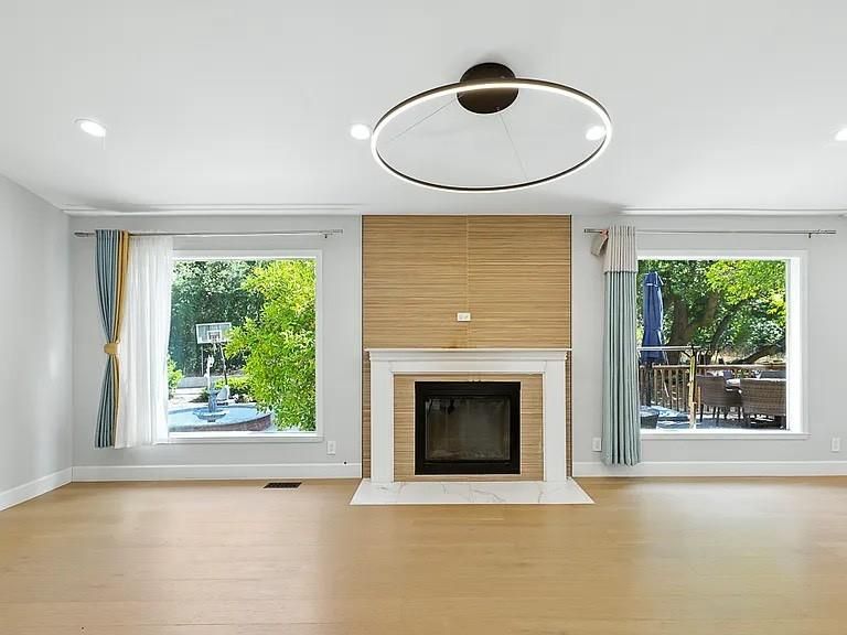 Fireplace, Interior, Recessed Lighting, Wood Texture Flooring
