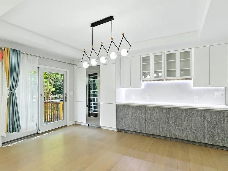 Empty room, Interior, Kitchen, Pendant Lights, Wood Texture Flooring