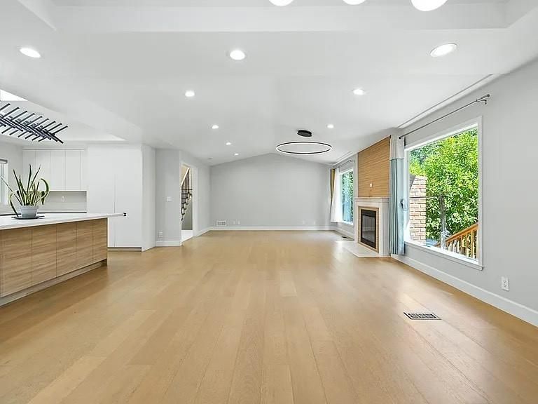 Empty room, Fireplace, Interior, Kitchen, Recessed Lighting, Wood Texture Flooring