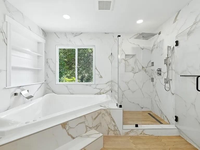 Bathroom, Glass Shower, Interior, Marble Walls, Recessed Lighting, Wood Texture Flooring