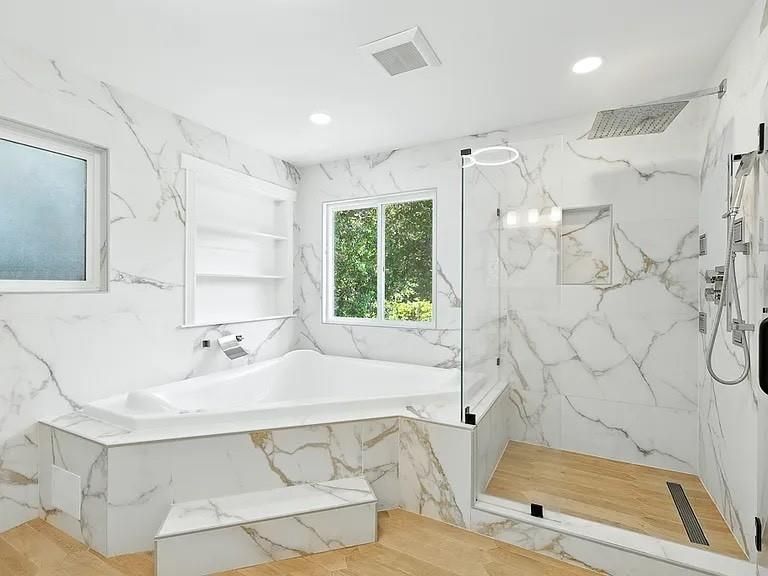 Bathroom, Glass Shower, Interior, Marble Walls, Recessed Lighting, Wood Texture Flooring