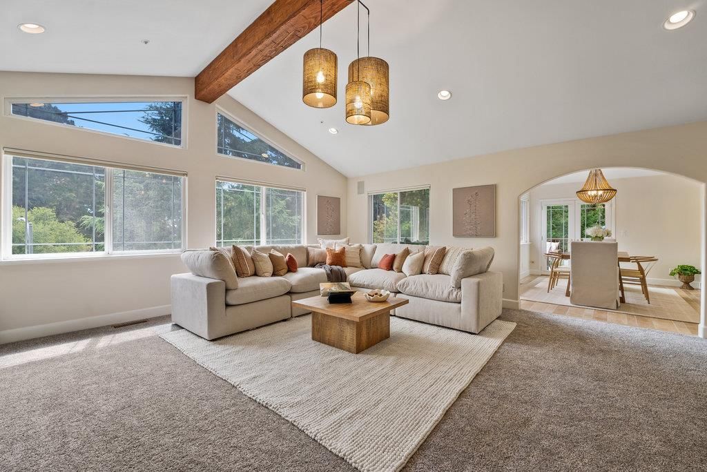 Dining room, Interior, Living room, Pendant Lights, Recessed Lighting, Wooden Beams, Wood Texture Flooring