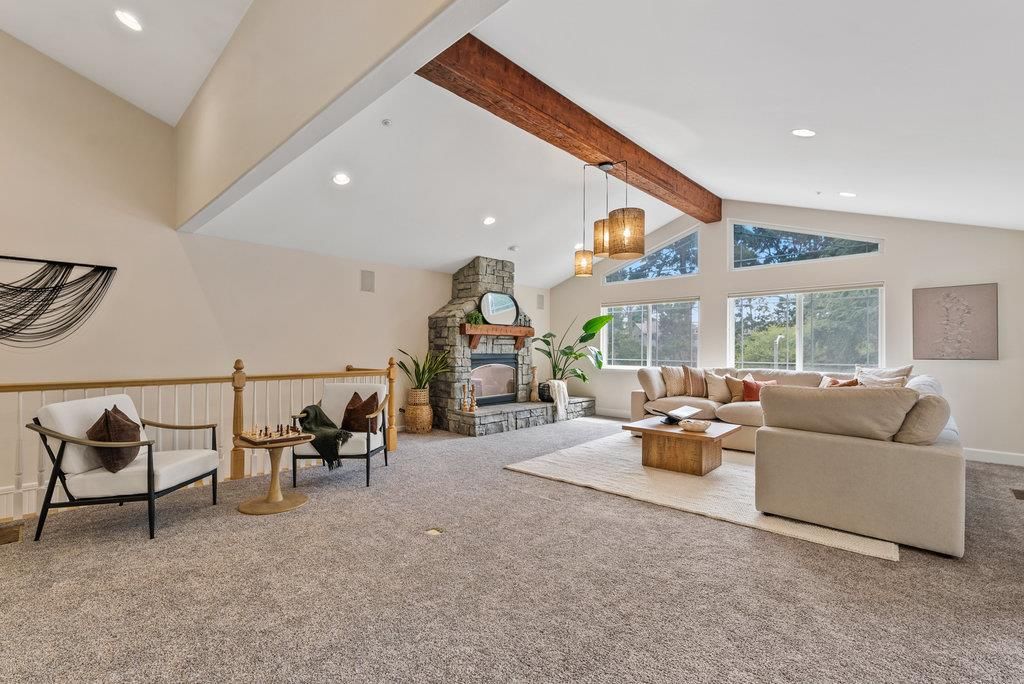 Fireplace, Interior, Living room, Pendant Lights, Recessed Lighting, Wooden Beams