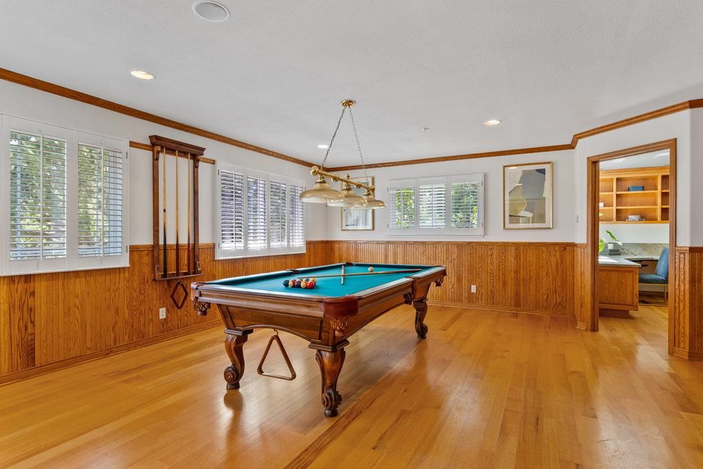 Billiard Table, Game Room, Interior, Pendant Lights, Recessed Lighting, Wood Texture Flooring