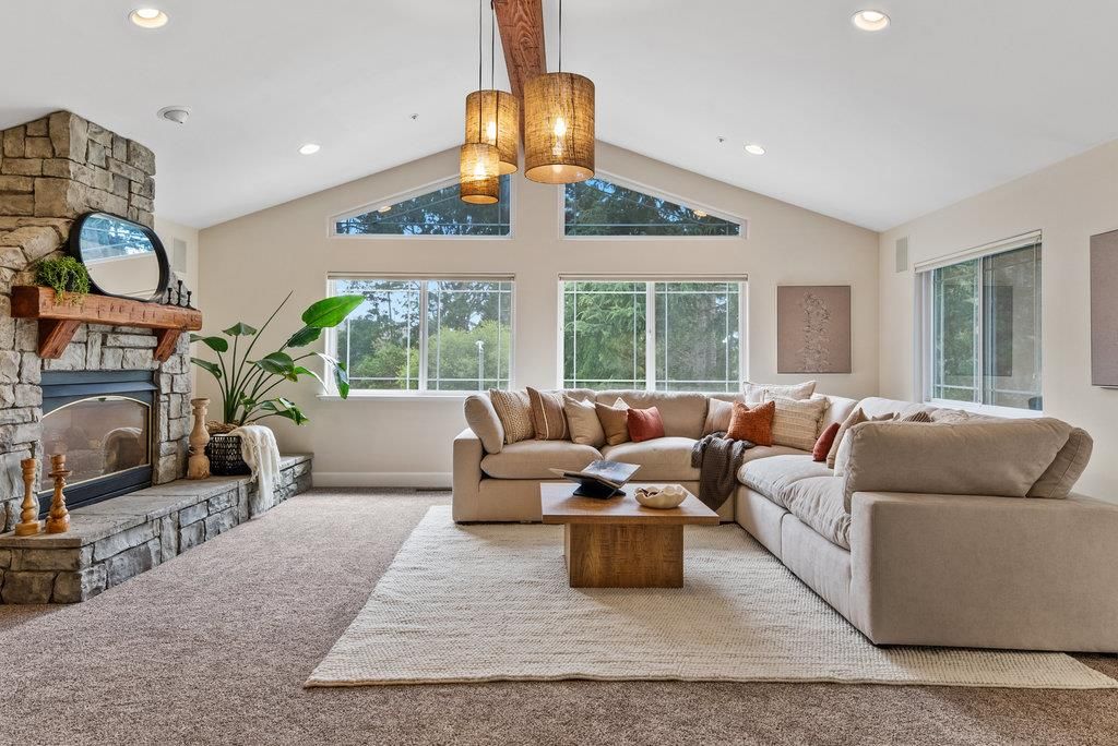 Fireplace, Interior, Living room, Pendant Lights, Recessed Lighting, Stone Walls