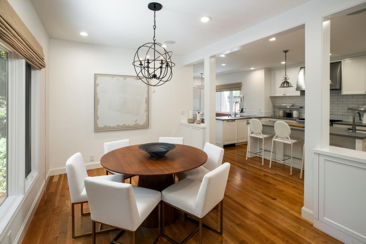 Dining room, Interior, Kitchen, Pendant Lights, Recessed Lighting, Wood Texture Flooring