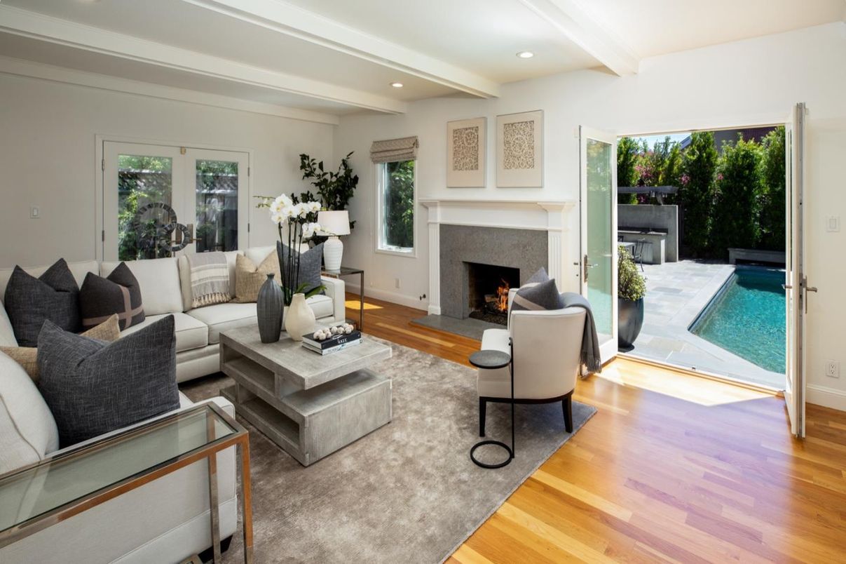 Fireplace, Interior, Living room, Recessed Lighting, Wood Texture Flooring