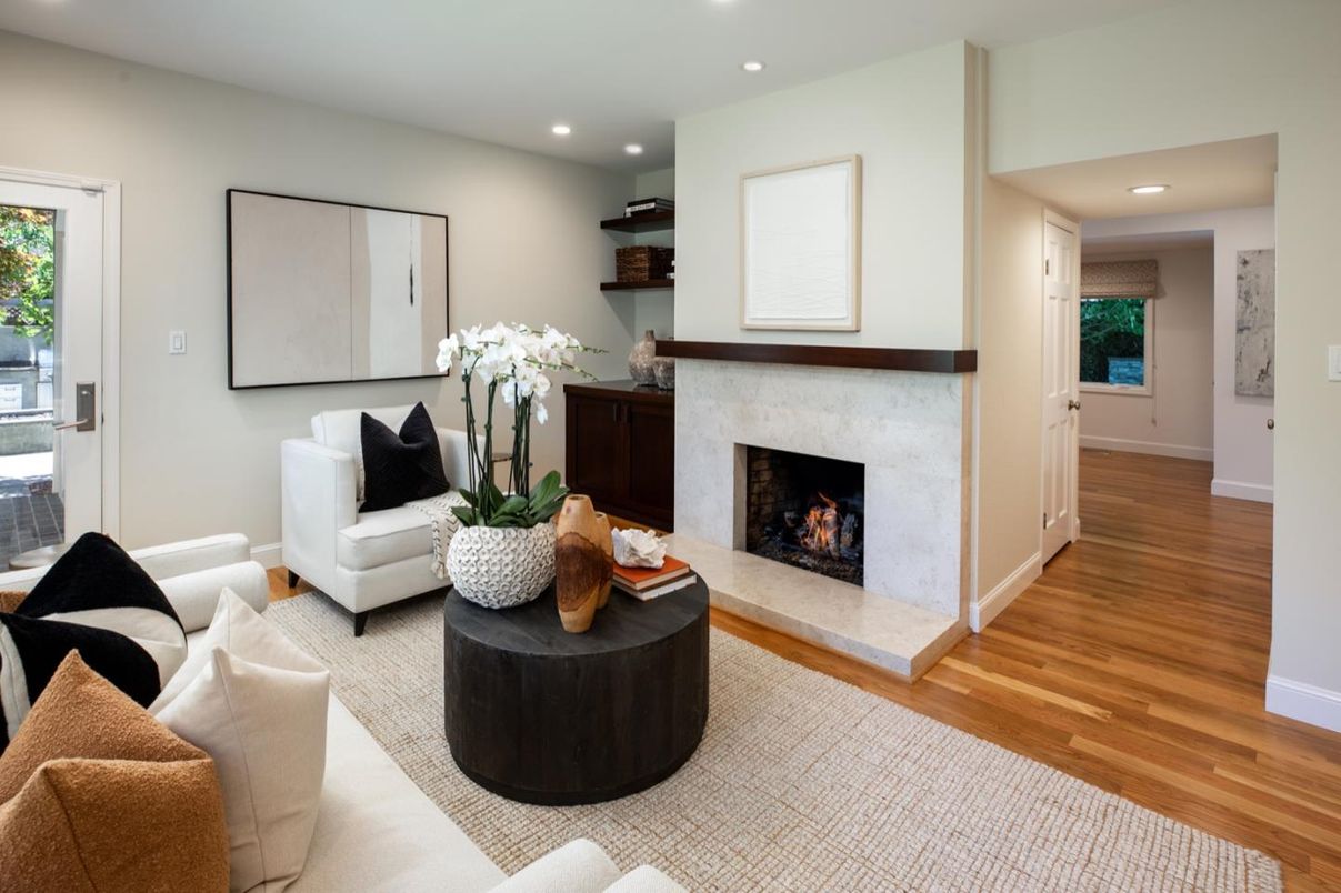 Fireplace, Interior, Living room, Recessed Lighting, Wood Texture Flooring
