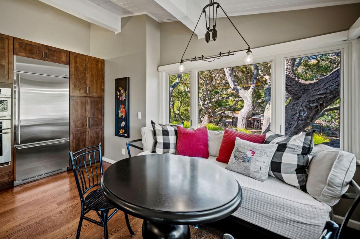 Dining room, Interior, Pendant Lights, Stainless Steel Appliances, Wood Texture Flooring