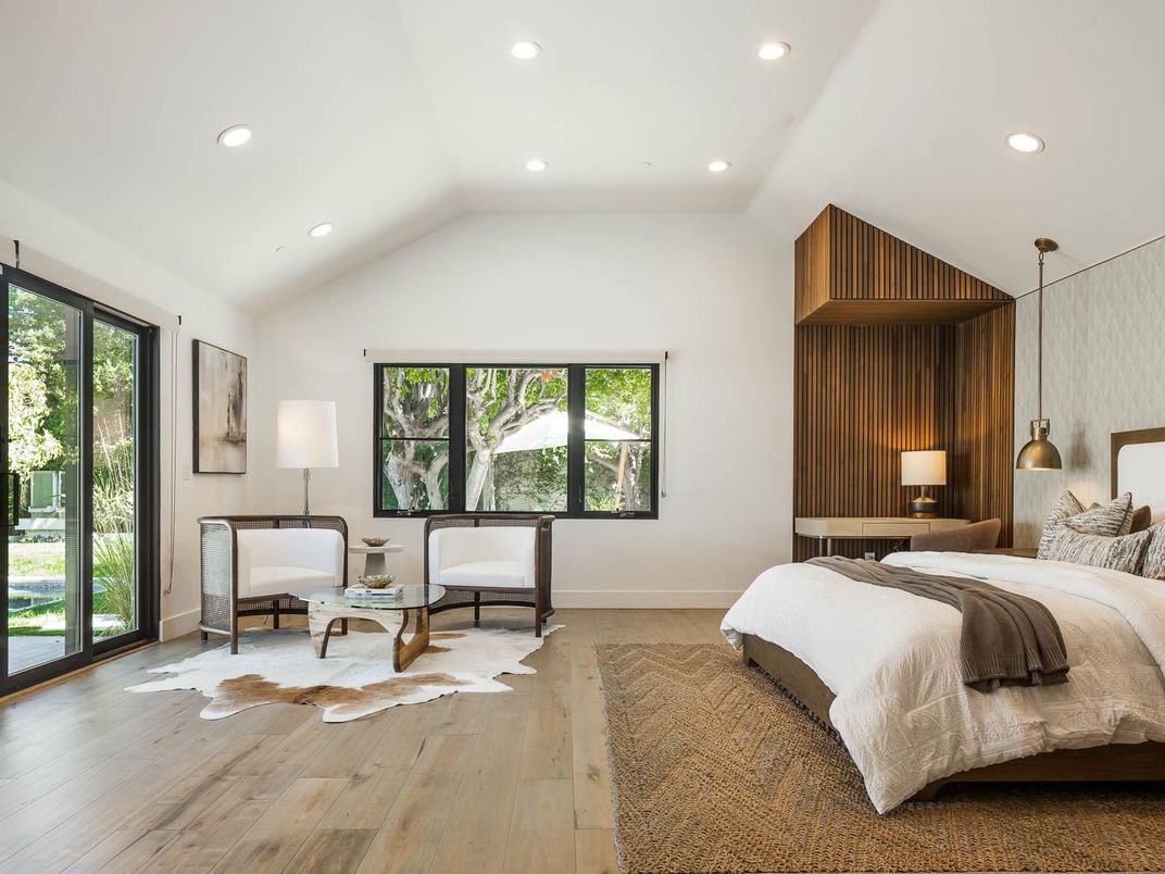Bedroom, Interior, Pendant Lights, Recessed Lighting, Wood Texture Flooring