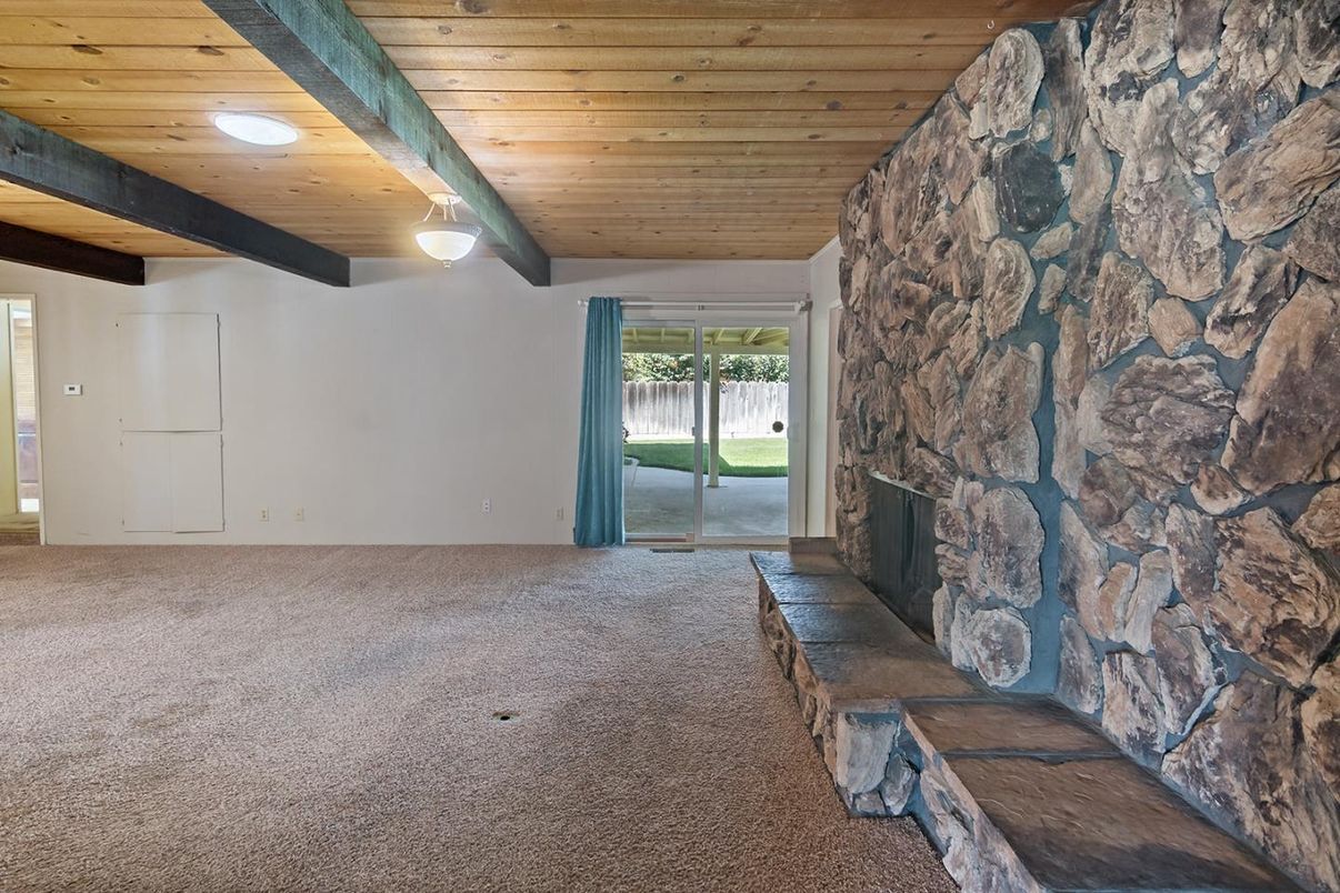 Empty room, Fireplace, Interior, Stone Walls, Wooden Beams, Wooden Ceilings