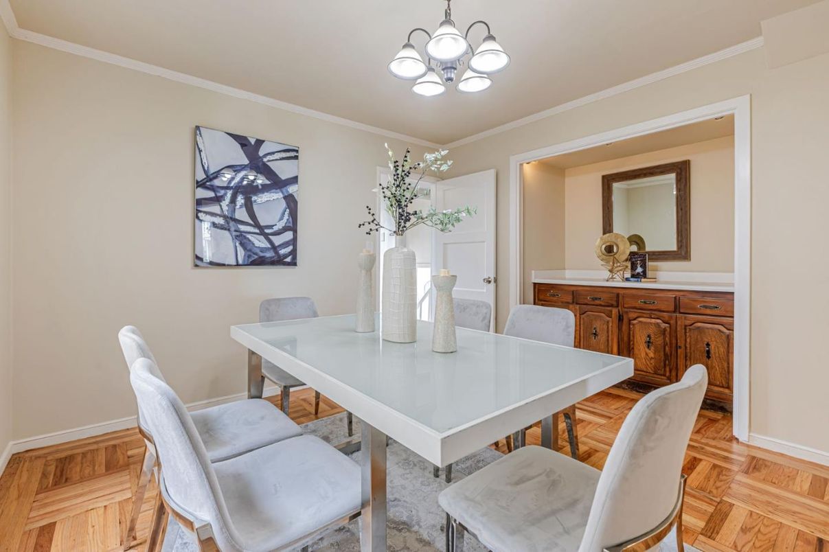 Chandelier, Dining room, Interior, Wood Texture Flooring