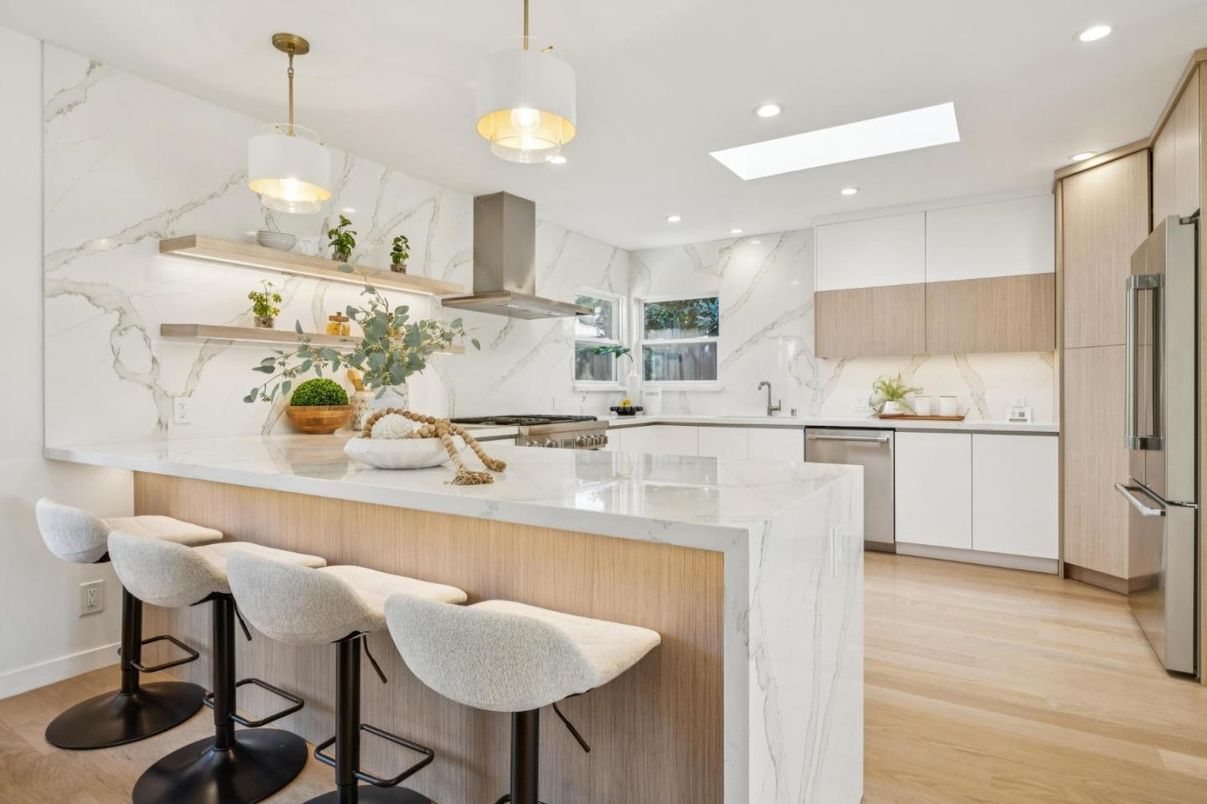 Interior, Kitchen, Marble Walls, Pendant Lights, Recessed Lighting, Stainless Steel Appliances, Wood Texture Flooring