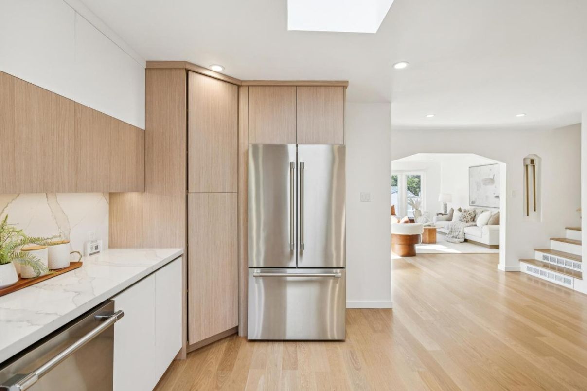 Interior, Kitchen, Living room, Recessed Lighting, Stainless Steel Appliances, Wood Texture Flooring