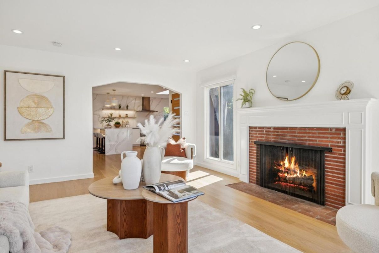Dining room, Fireplace, Interior, Kitchen, Pendant Lights, Recessed Lighting, Wood Texture Flooring