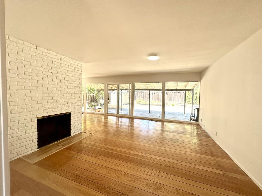 Empty room, Fireplace, Interior, Stone Walls, Wood Texture Flooring