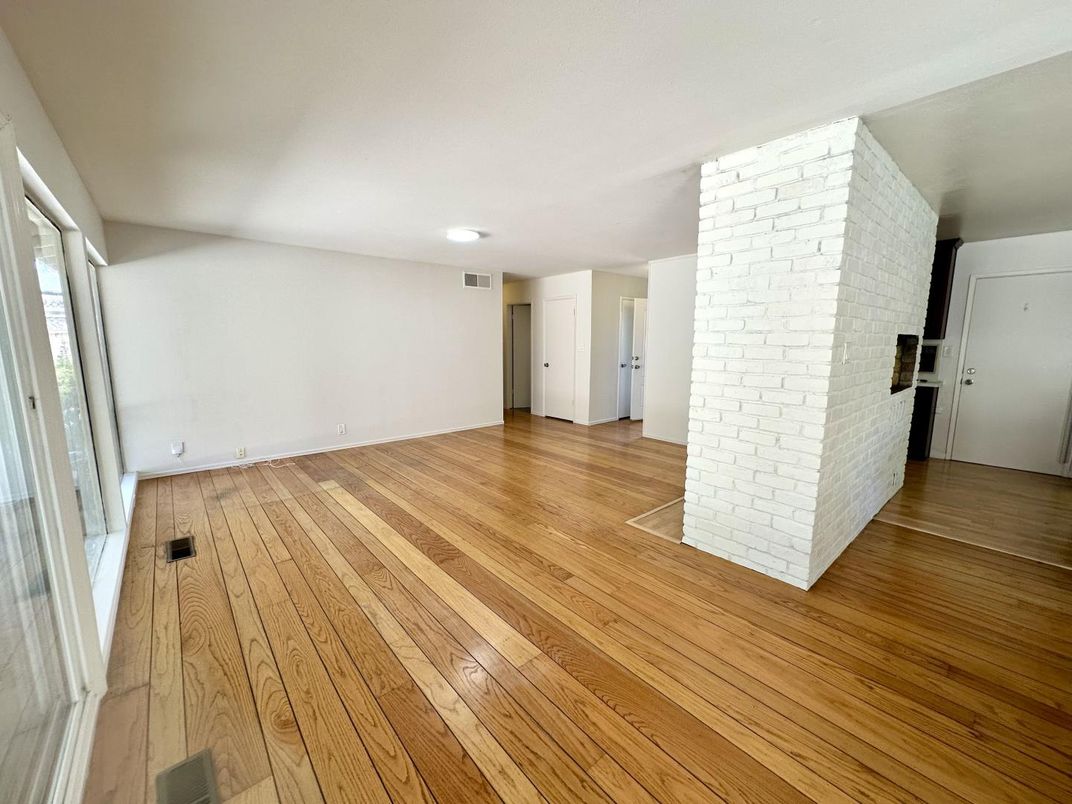 Empty room, Fireplace, Interior, Recessed Lighting, Wood Texture Flooring