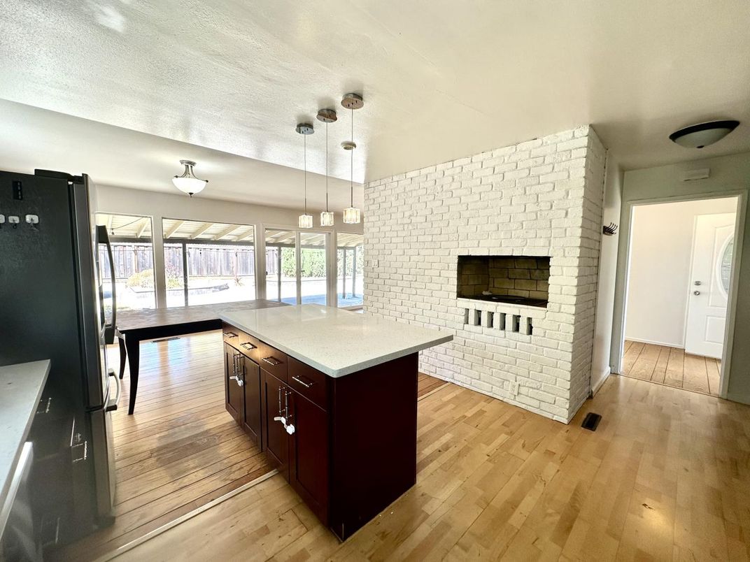 Fireplace, Interior, Pendant Lights, Stone Walls, Wood Texture Flooring