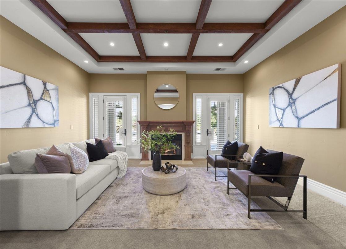 Fireplace, Interior, Living room, Recessed Lighting, Wooden Beams