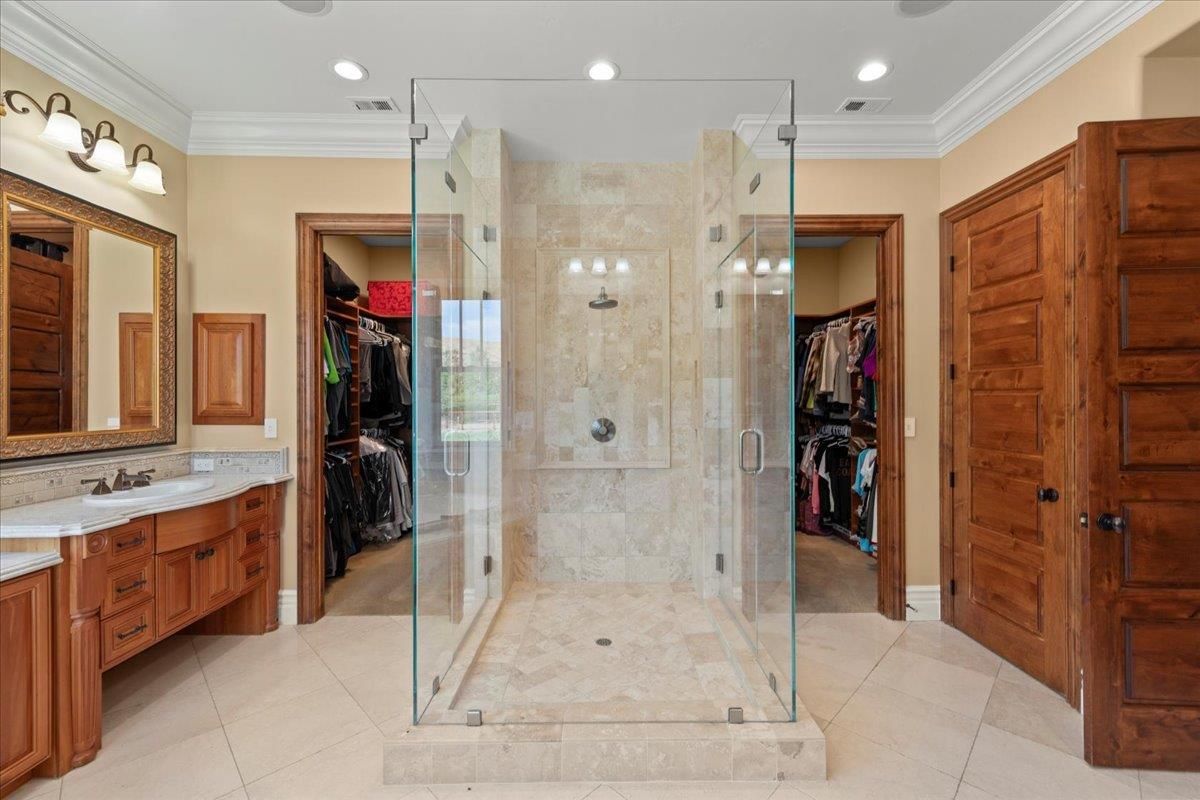 Bathroom, Dual Sink Vanities, Glass Shower, Interior, Recessed Lighting, Walk-in Closets