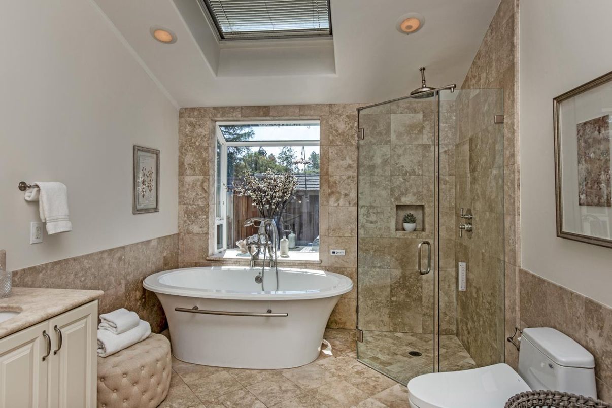 Bathroom, Free Standing Baths, Glass Shower, Interior, Recessed Lighting