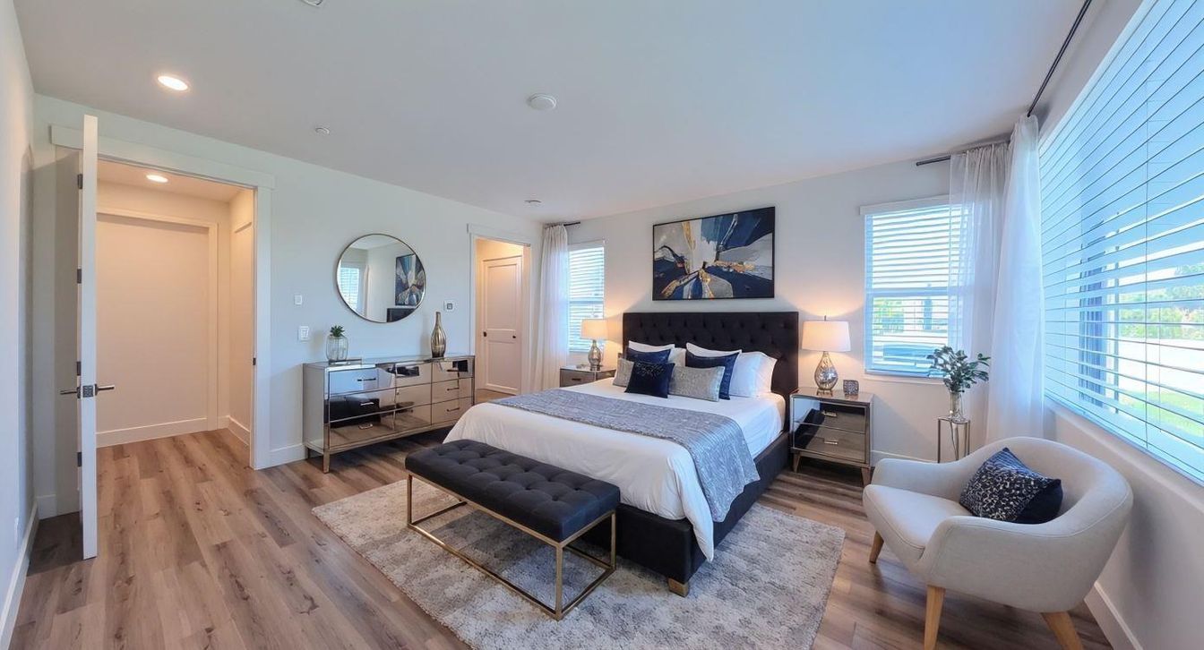Bedroom, Interior, Recessed Lighting, Wood Texture Flooring