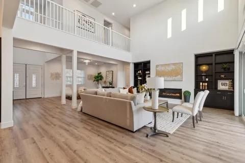 Fireplace, Interior, Living room, Recessed Lighting, Wood Texture Flooring