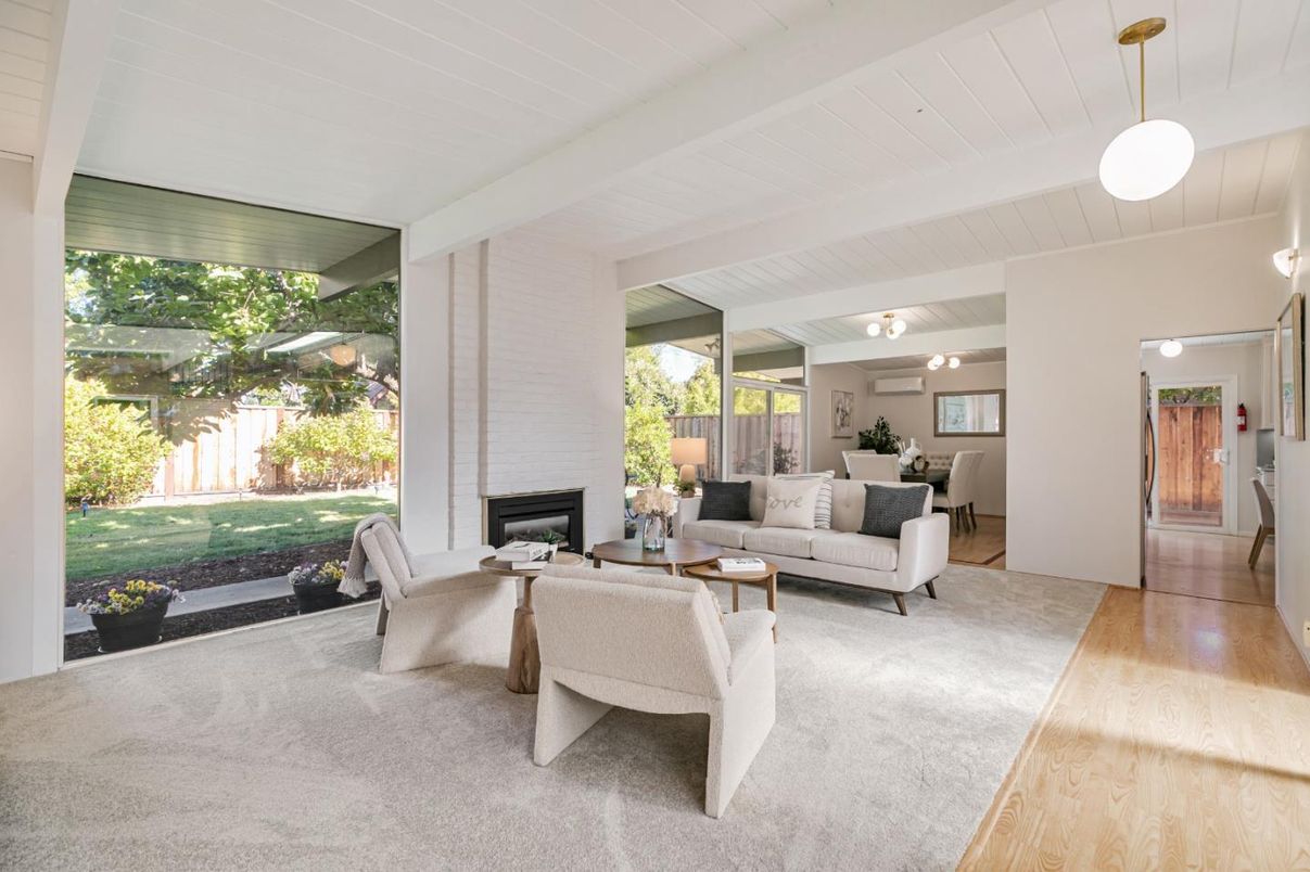 Dining room, Fireplace, Interior, Living room, Pendant Lights, Wood Texture Flooring