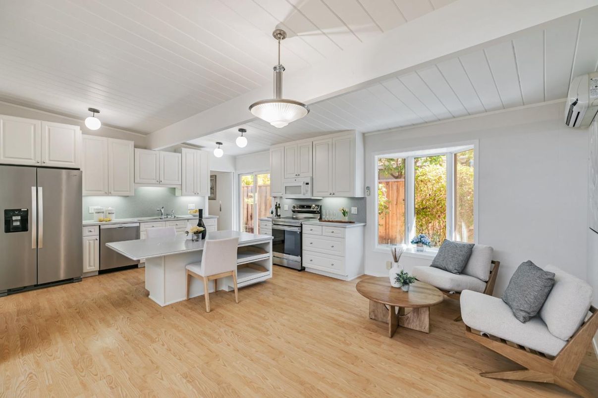 Interior, Kitchen, Living room, Pendant Lights, Stainless Steel Appliances, Wood Texture Flooring
