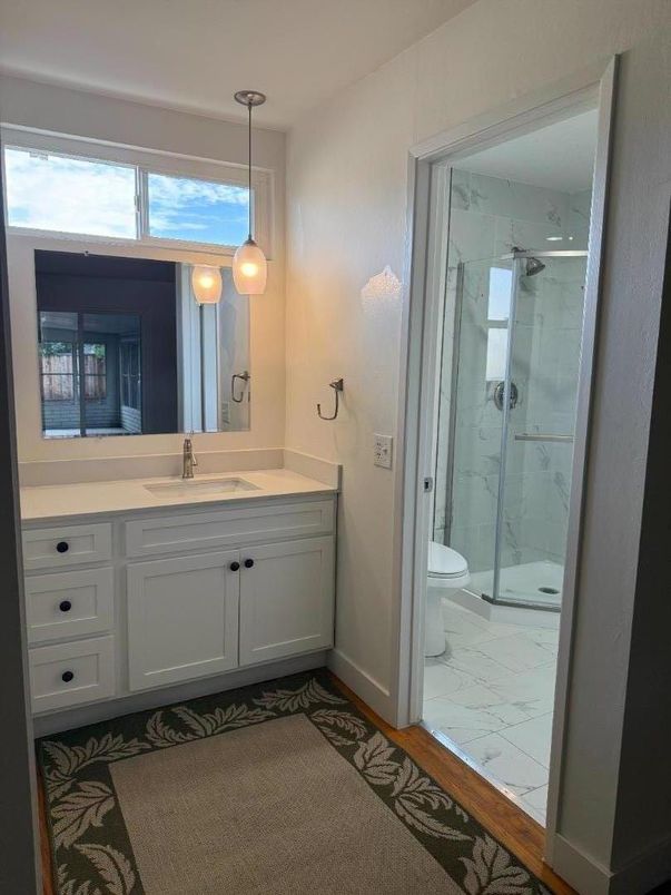 Bathroom, Glass Shower, Interior, Marble, Marble Walls, Pendant Lights