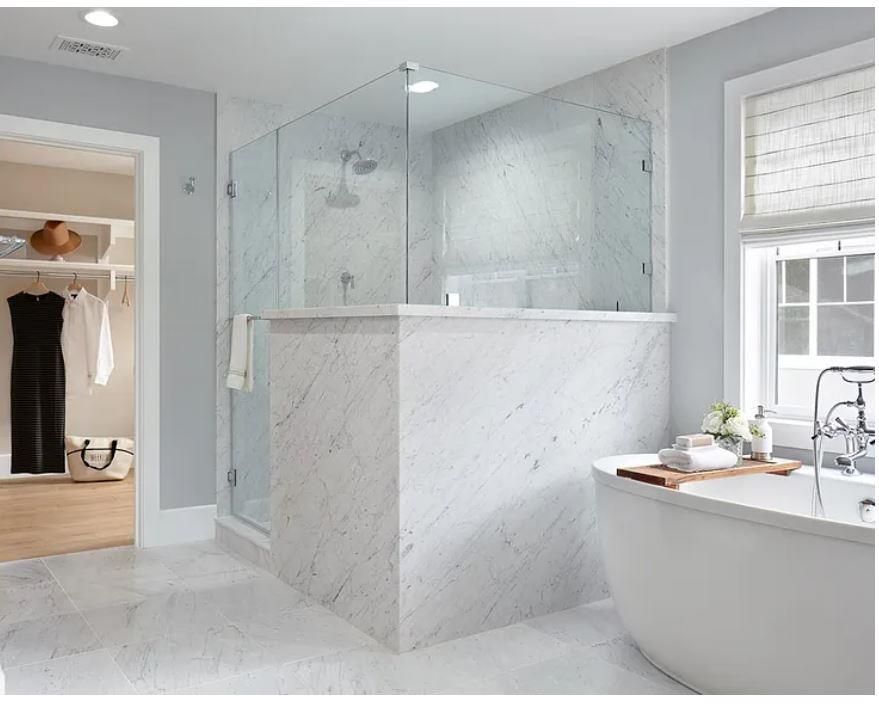 Bathroom, Glass Shower, Interior, Marble, Marble Walls, Recessed Lighting